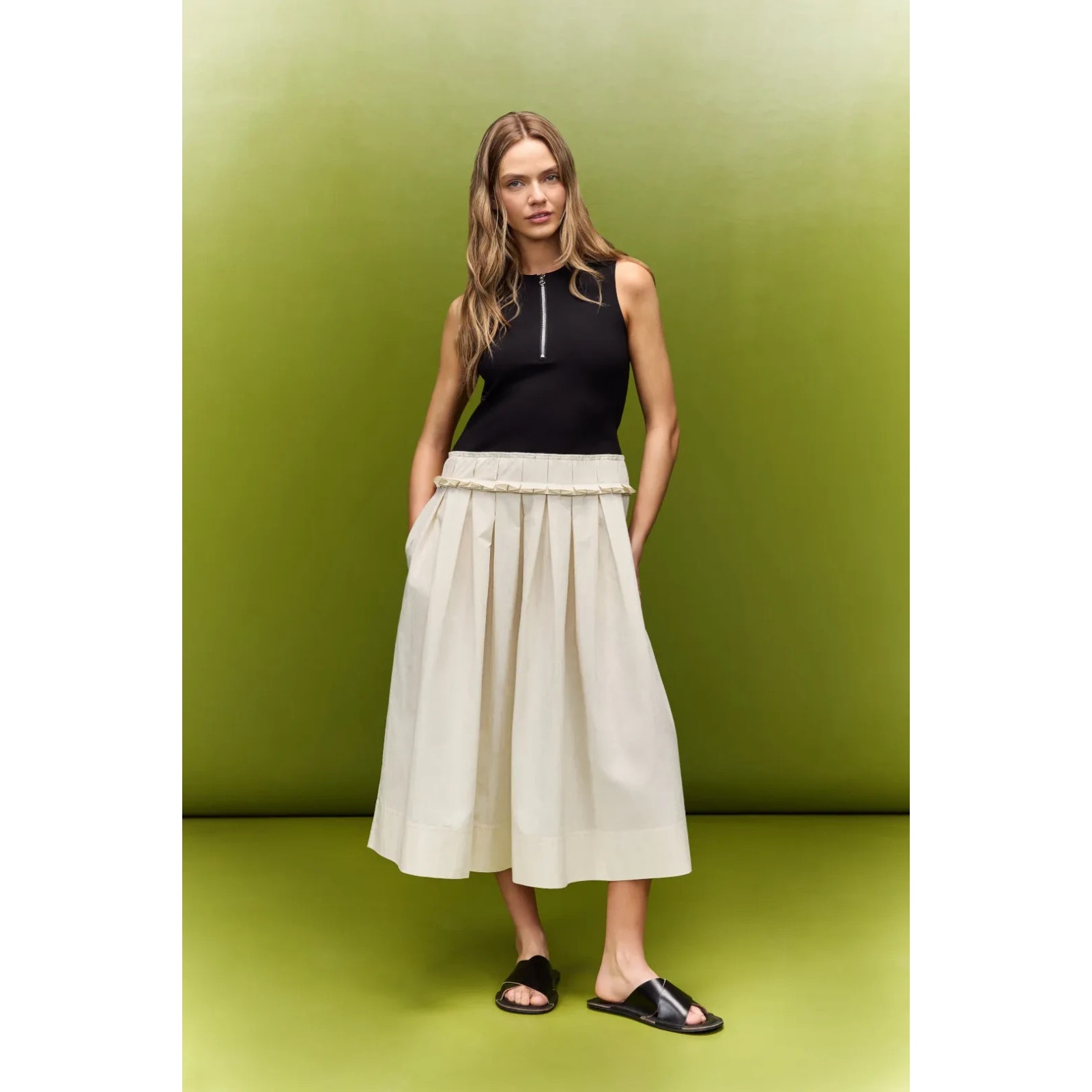 Plan C X Rtr Knit Poplin Two Tone Pleated Midi Dress Sleeveless Black Beige Sz 8
